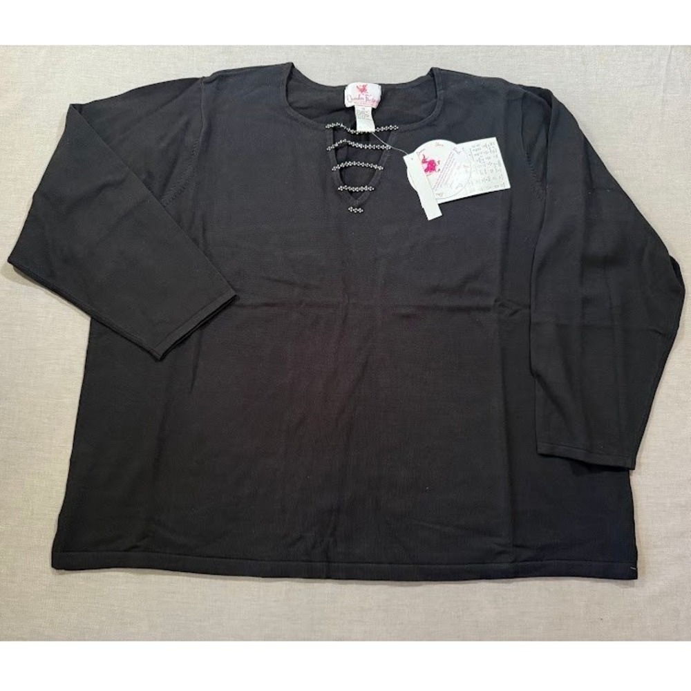 Quaker Factory Black Embellished Keyhole Neck Long Sleeve‎ Knit Top Plus 3X